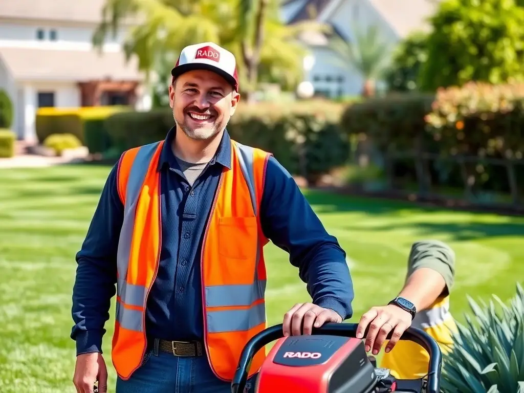 A RADO team member in full branded uniform, smiling and giving a thumbs-up while standing next to a perfectly manicured lawn and RADO-branded mowing equipment.