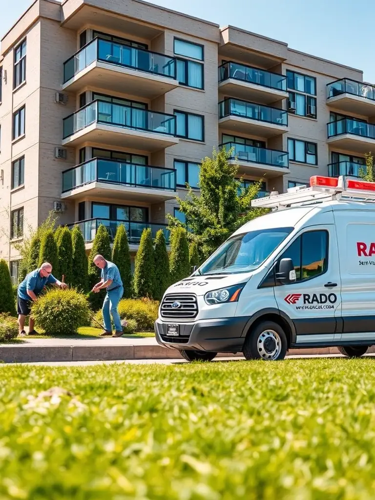 A RADO branded vehicle parked near a strata complex, with team members working on the grounds, showcasing services for strata properties.