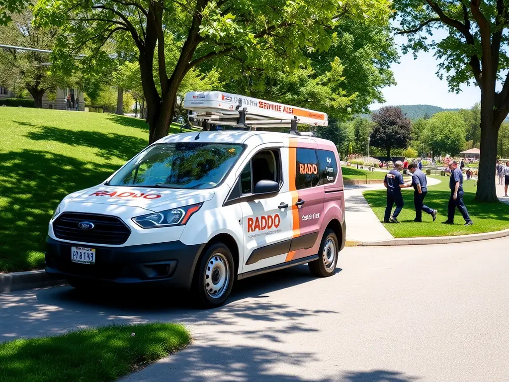 A RADO service vehicle parked in front of a local council park, with team members tending to the greenery and ensuring a well-maintained public space.