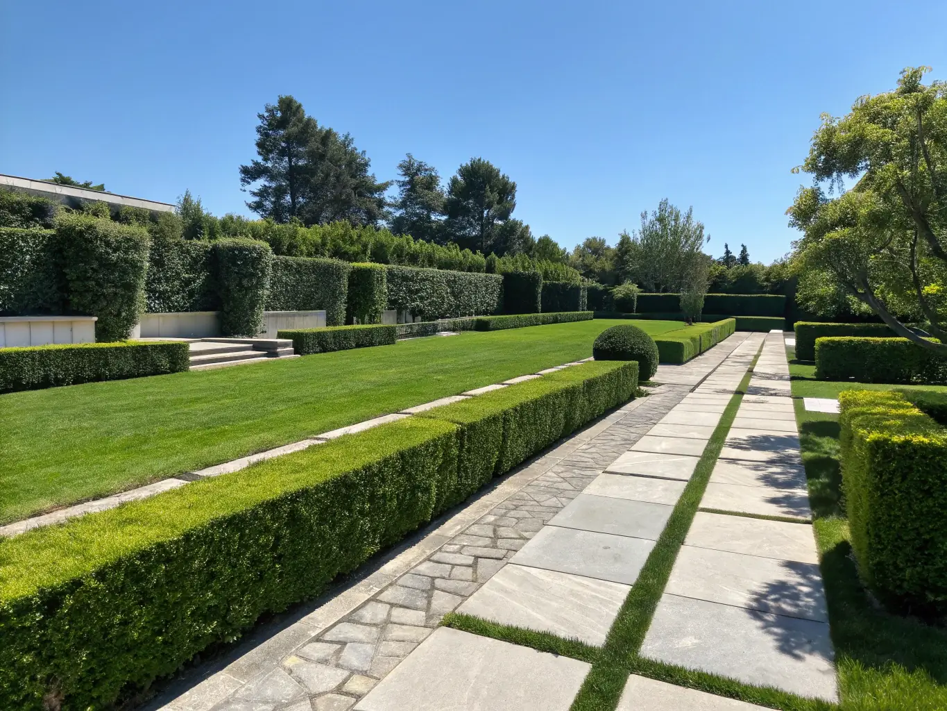 A well-maintained garden at an industrial site, featuring healthy plants, trimmed hedges, and a clean, organized landscape, all achieved with RADO's services.