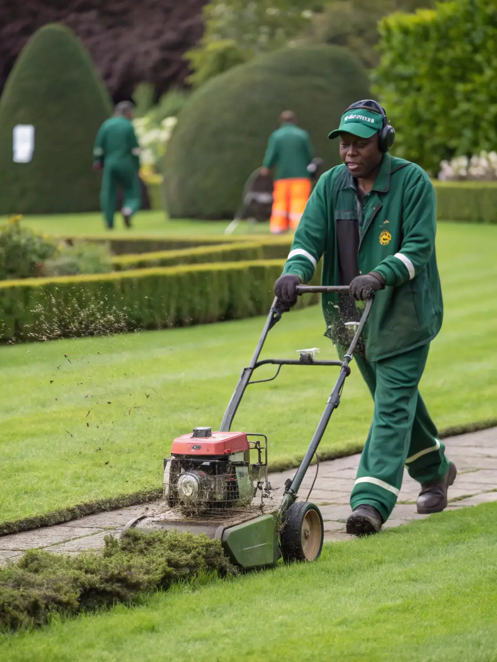 A RADO team member in full branded uniform mowing a residential lawn with precision, showcasing the neat finish and attention to detail.