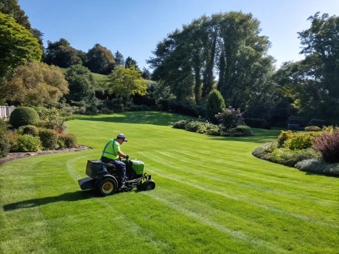 A RADO team member expertly mowing a lush green lawn with RADO-branded equipment, showcasing precision and care.