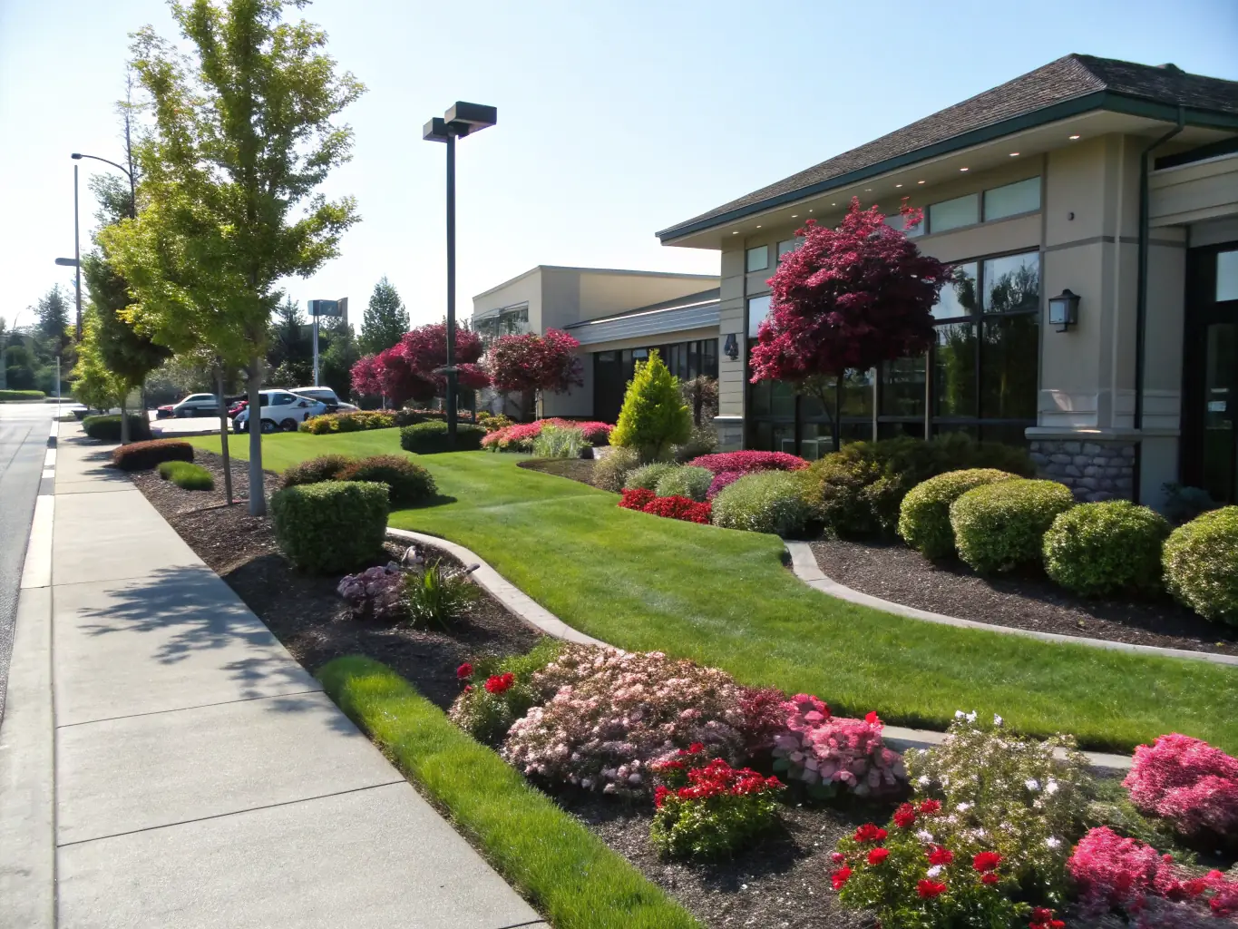 An aerial shot of a well-maintained commercial property with neatly trimmed lawns and gardens, showcasing RADO's work.